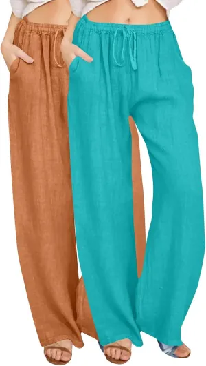 Lmdudan 2 Pc Cotton Linen Pants for Women Beach Pant Plus Size Wide Leg Sweatpants 2025 Summer Cropped Elastic Waist Trousers