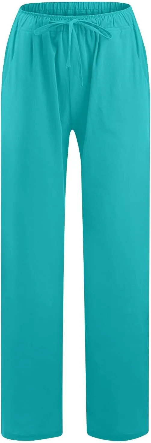Lmdudan 2 Pc Cotton Linen Pants for Women Beach Pant Plus Size Wide Leg Sweatpants 2025 Summer Cropped Elastic Waist Trousers