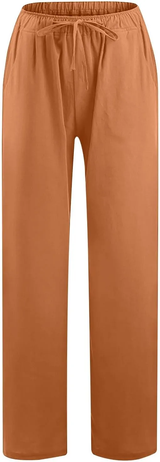 Lmdudan 2 Pc Cotton Linen Pants for Women Beach Pant Plus Size Wide Leg Sweatpants 2025 Summer Cropped Elastic Waist Trousers