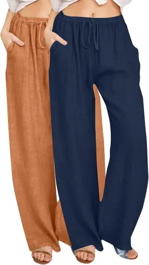 Lmdudan 2 Pc Cotton Linen Pants for Women Beach Pant Plus Size Wide Leg Sweatpants 2025 Summer Cropped Elastic Waist Trousers