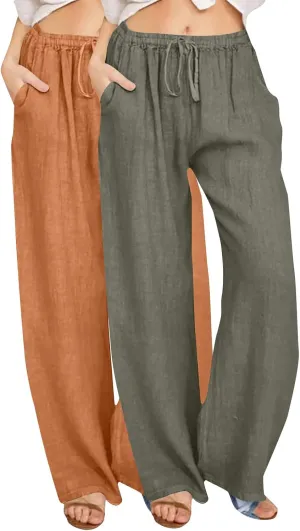 Lmdudan 2 Pc Cotton Linen Pants for Women Beach Pant Plus Size Wide Leg Sweatpants 2025 Summer Cropped Elastic Waist Trousers