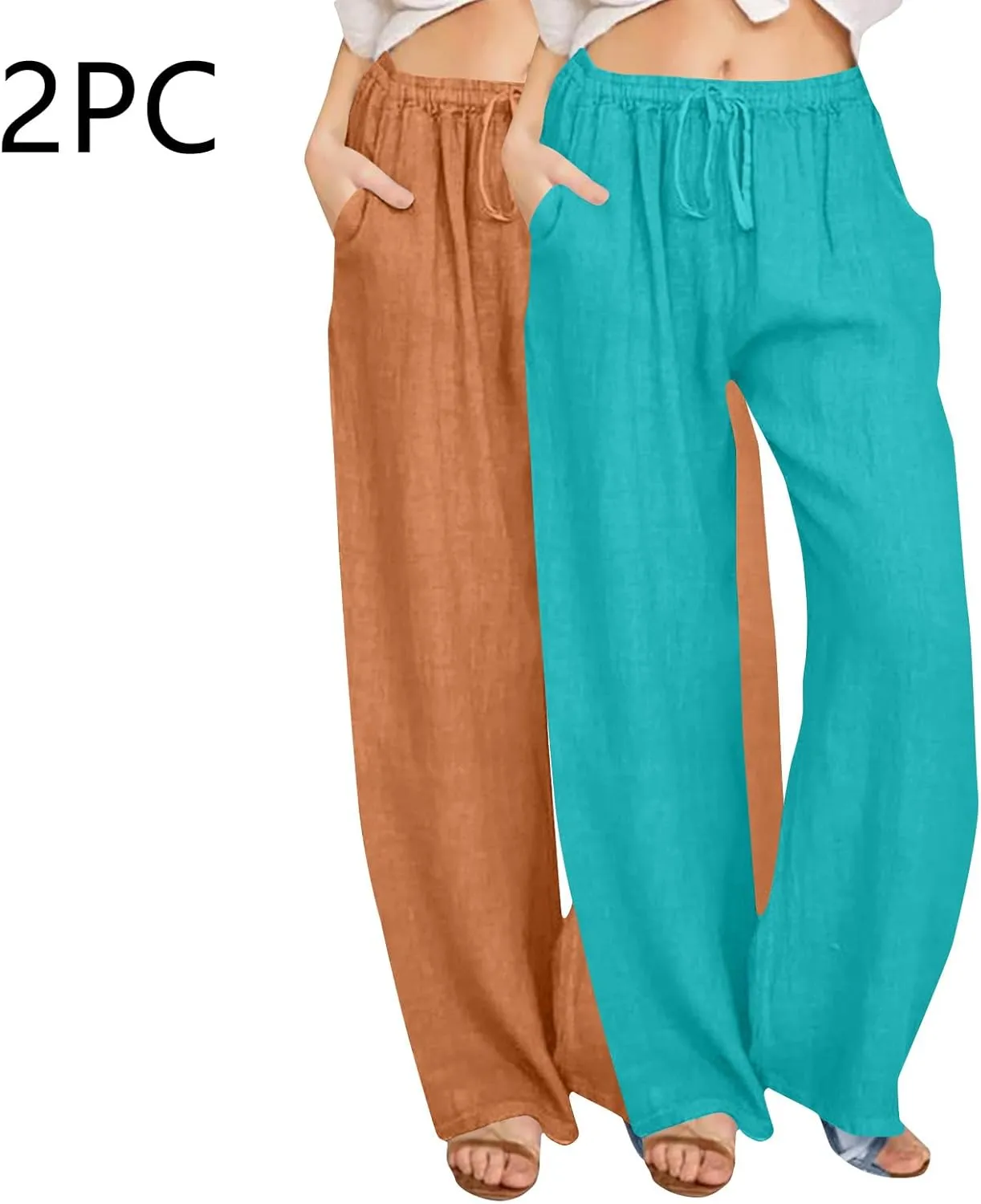 Lmdudan 2 Pc Cotton Linen Pants for Women Beach Pant Plus Size Wide Leg Sweatpants 2025 Summer Cropped Elastic Waist Trousers