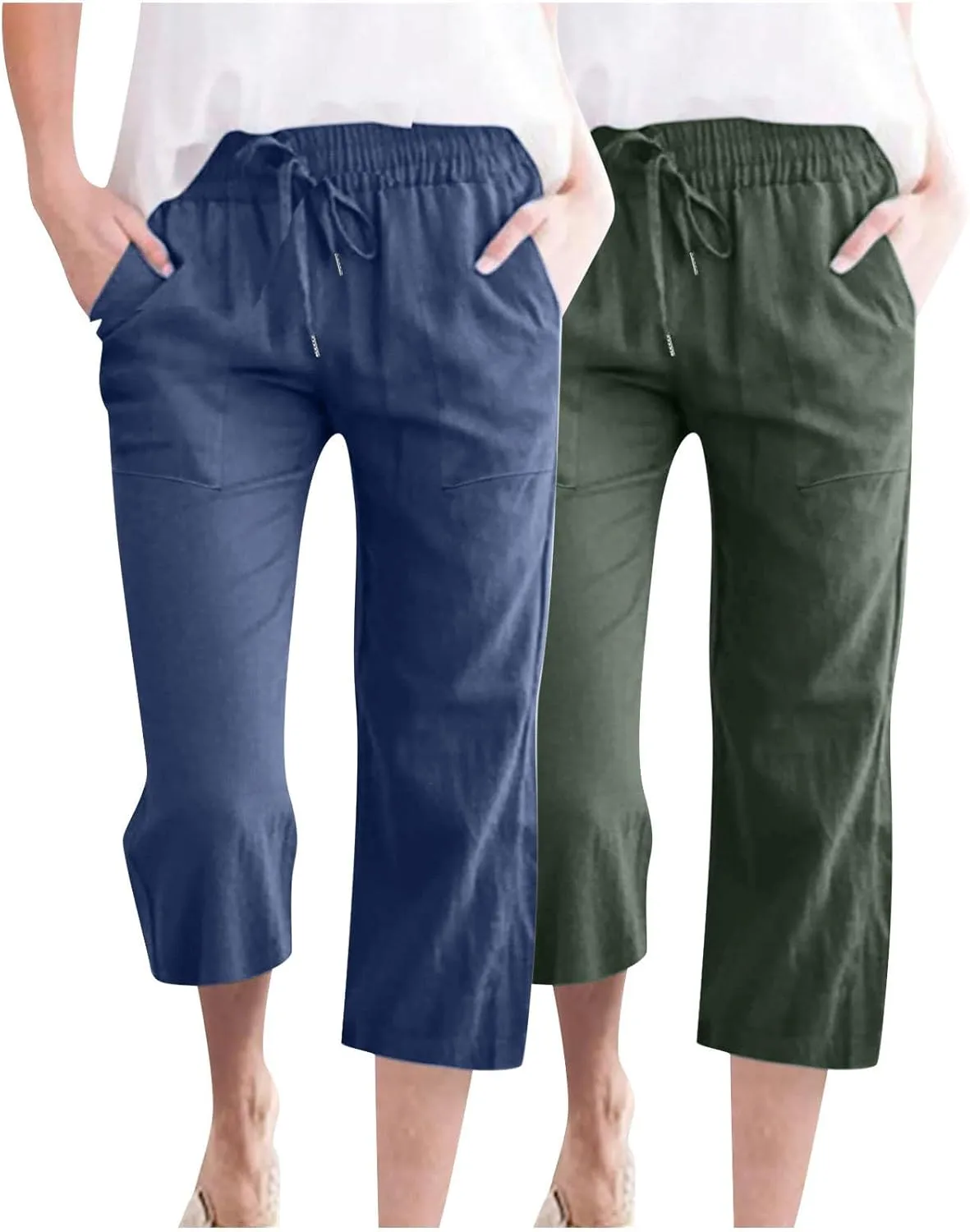 Lmdudan 2 Pcs Cotton Linen Capri Pants for Women Casual 2025 Summer Drawstring Elastic Waist Pant Wide Leg Cropped Trousers