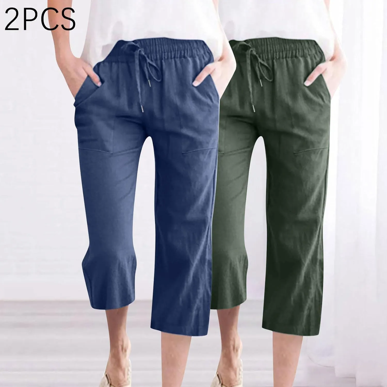 Lmdudan 2 Pcs Cotton Linen Capri Pants for Women Casual 2025 Summer Drawstring Elastic Waist Pant Wide Leg Cropped Trousers