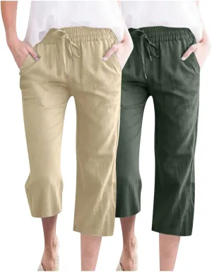 Lmdudan 2 Pcs Cotton Linen Capri Pants for Women Casual 2025 Summer Drawstring Elastic Waist Pant Wide Leg Cropped Trousers