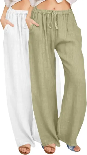 Lmdudan 2 Pcs Linen Pants for Women Summer 2025 Casual Drawstring Elastic Waist Wide Leg Pant Lounge Trousers with Pockets