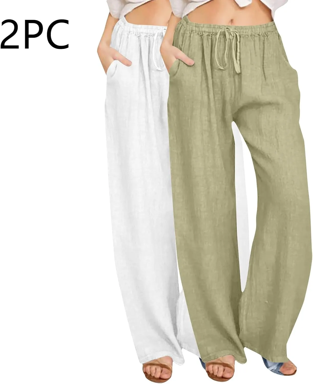 Lmdudan 2 Pcs Linen Pants for Women Summer 2025 Casual Drawstring Elastic Waist Wide Leg Pant Lounge Trousers with Pockets