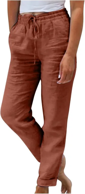 Lmdudan 2025 Cotton Linen Pants for Women Drawstring Elastic Waist Pants Wide Leg Sweatpants Summer Beach Pants Trousers