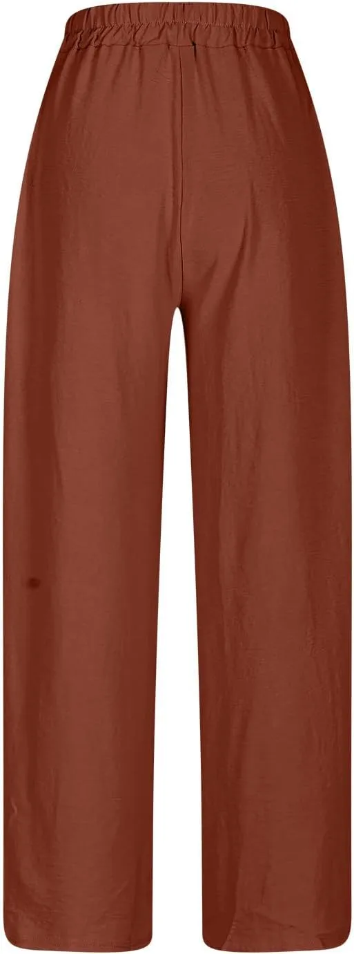 Lmdudan 2025 Cotton Linen Pants for Women Drawstring Elastic Waist Pants Wide Leg Sweatpants Summer Beach Pants Trousers