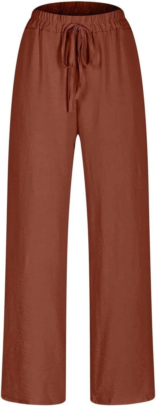 Lmdudan 2025 Cotton Linen Pants for Women Drawstring Elastic Waist Pants Wide Leg Sweatpants Summer Beach Pants Trousers