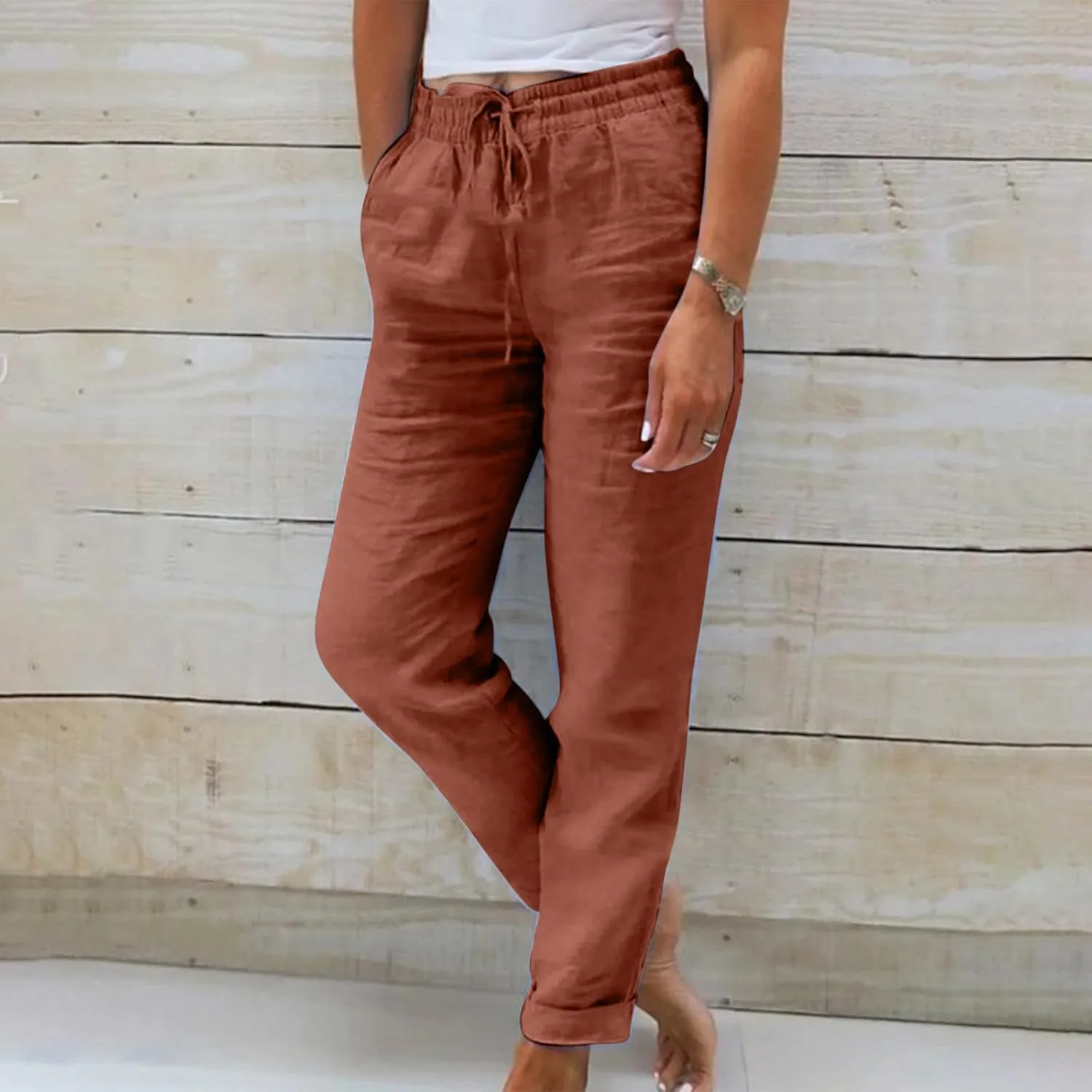 Lmdudan 2025 Cotton Linen Pants for Women Drawstring Elastic Waist Pants Wide Leg Sweatpants Summer Beach Pants Trousers