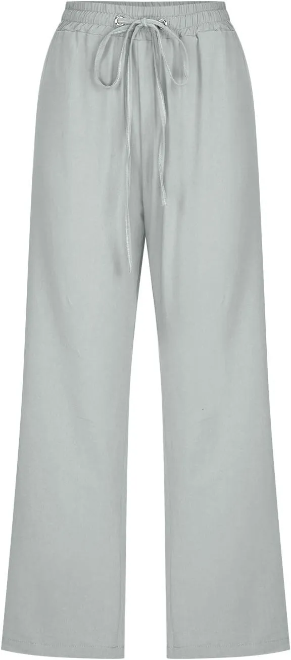 Lmdudan 2025 Summer Cotton Linen Capri Pants Women Drawstring Elastic Waist Casual Pant Straight Wide Leg Cropped Trousers