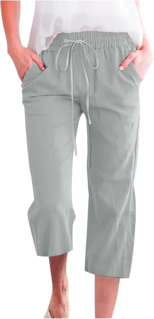 Lmdudan 2025 Summer Cotton Linen Capri Pants Women Drawstring Elastic Waist Casual Pant Straight Wide Leg Cropped Trousers