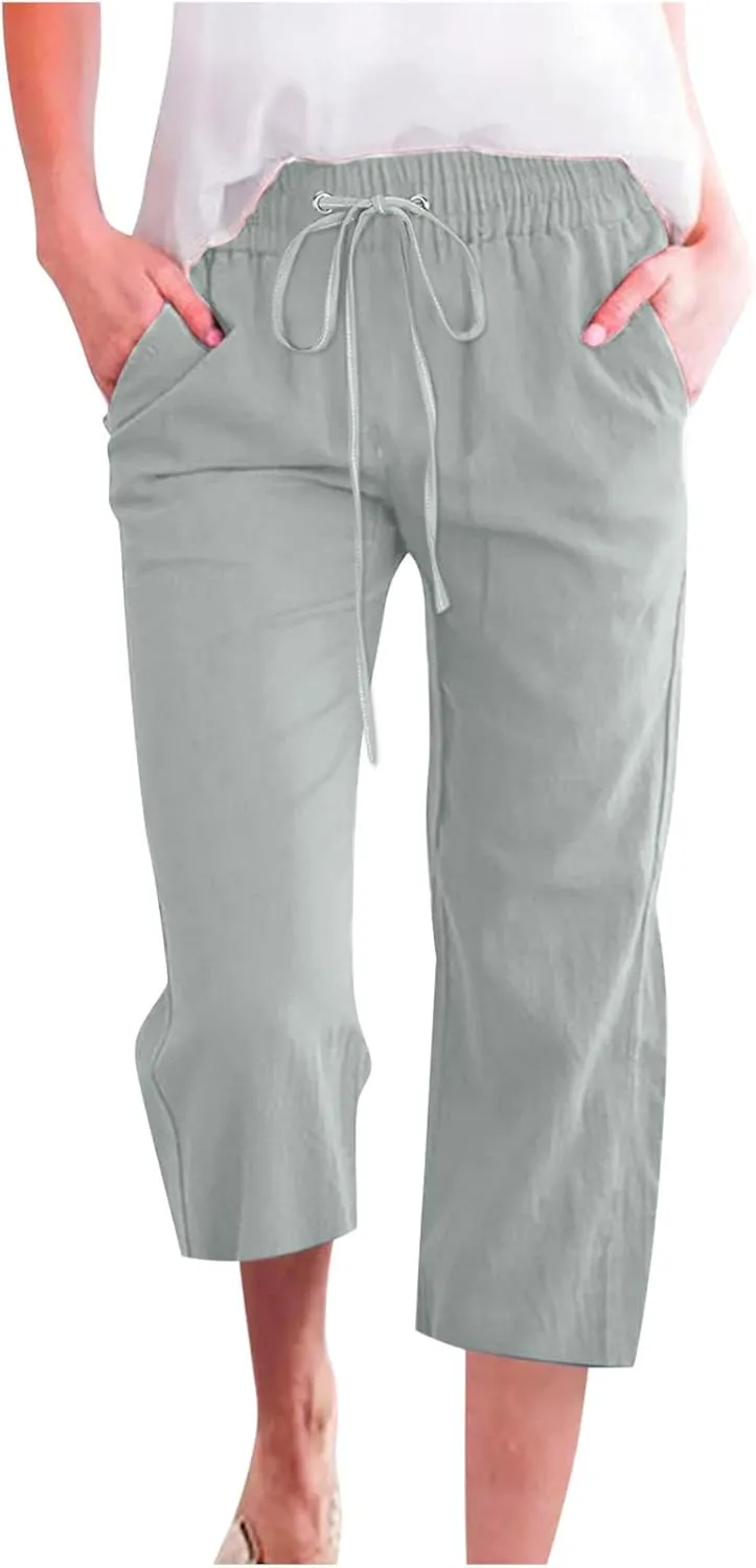 Lmdudan 2025 Summer Cotton Linen Capri Pants Women Drawstring Elastic Waist Casual Pant Straight Wide Leg Cropped Trousers