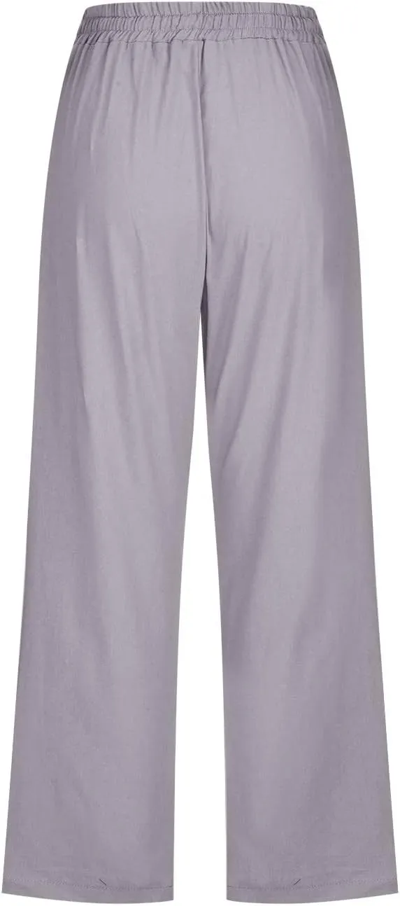 Lmdudan 2025 Summer Cotton Linen Capri Pants Women Drawstring Elastic Waist Casual Pant Straight Wide Leg Cropped Trousers