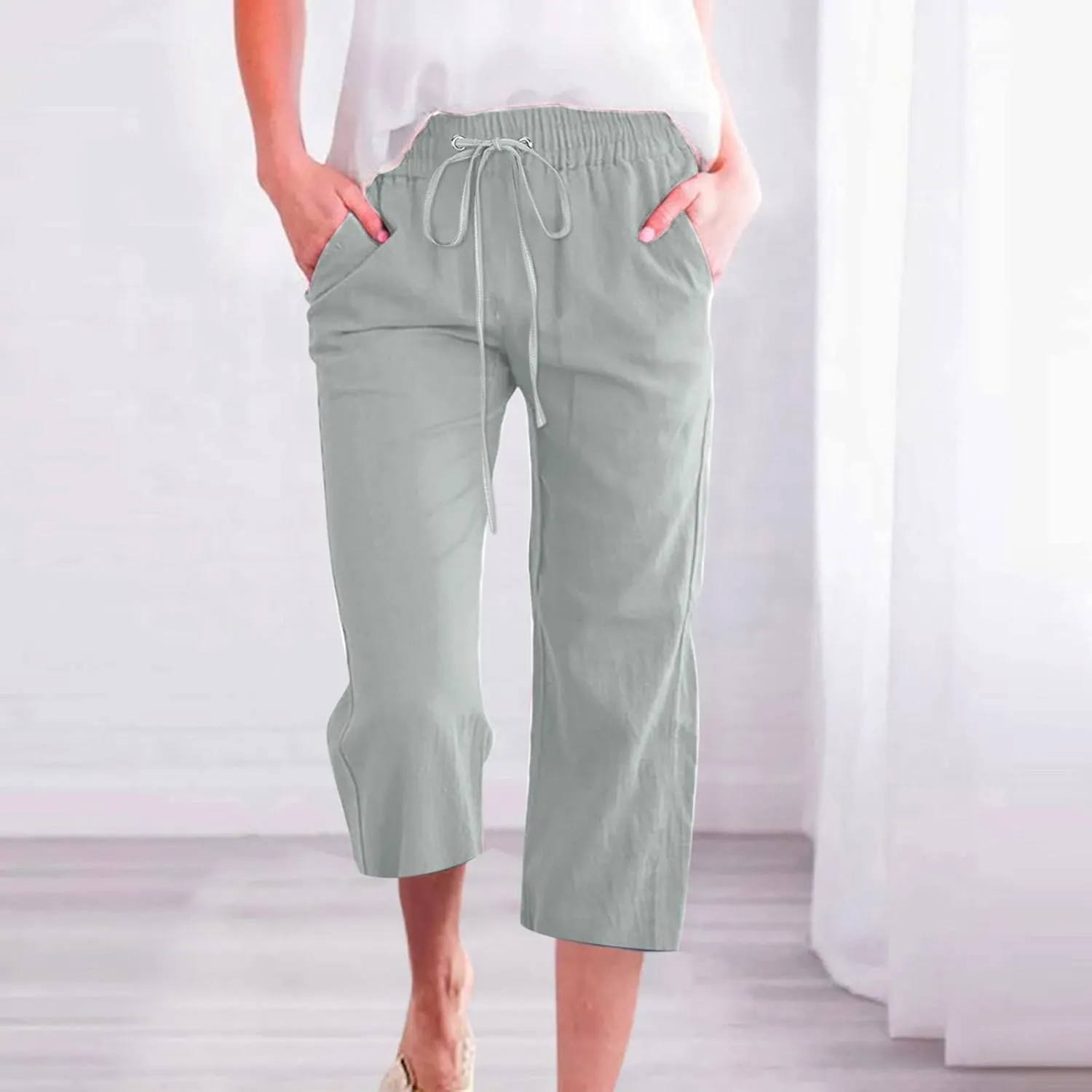 Lmdudan 2025 Summer Cotton Linen Capri Pants Women Drawstring Elastic Waist Casual Pant Straight Wide Leg Cropped Trousers