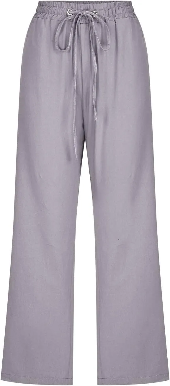 Lmdudan 2025 Summer Cotton Linen Capri Pants Women Drawstring Elastic Waist Casual Pant Straight Wide Leg Cropped Trousers