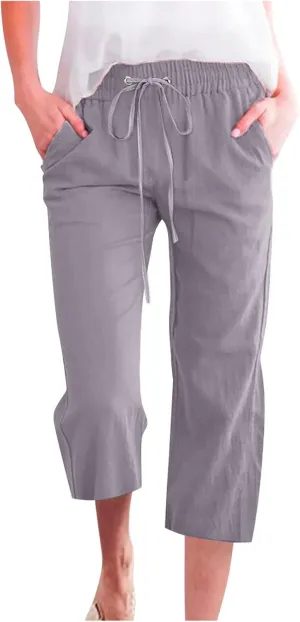 Lmdudan 2025 Summer Cotton Linen Capri Pants Women Drawstring Elastic Waist Casual Pant Straight Wide Leg Cropped Trousers