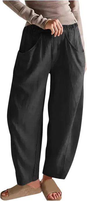 Lmdudan 2025 Summer Linen Capri Pants for Women Elastic Waist Tapered Cropped Pants Lightweight Crop Trousers with Pockets