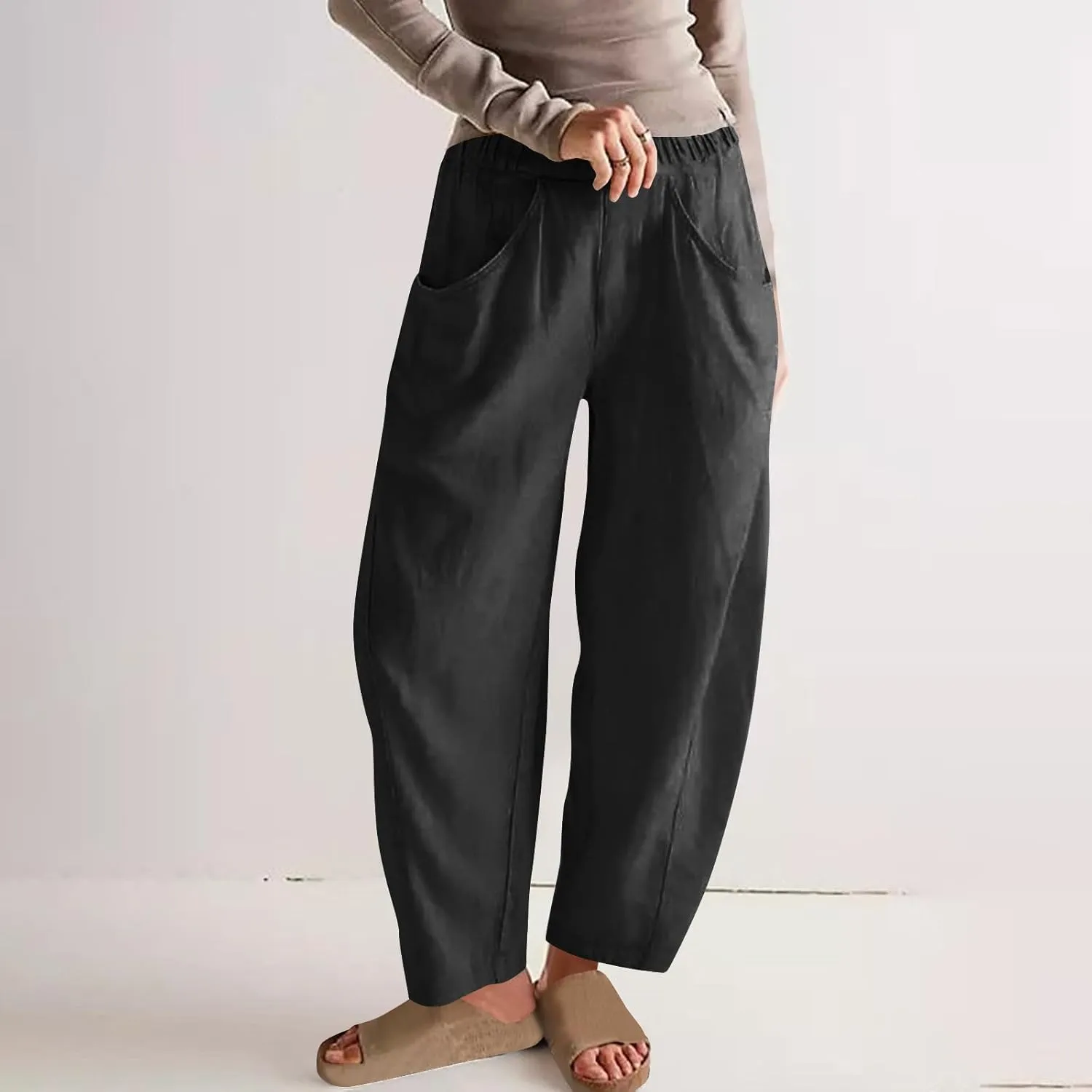 Lmdudan 2025 Summer Linen Capri Pants for Women Elastic Waist Tapered Cropped Pants Lightweight Crop Trousers with Pockets
