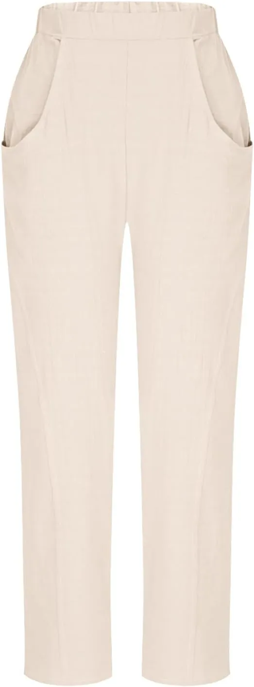 Lmdudan 2025 Summer Linen Capri Pants for Women Elastic Waist Tapered Cropped Pants Lightweight Crop Trousers with Pockets