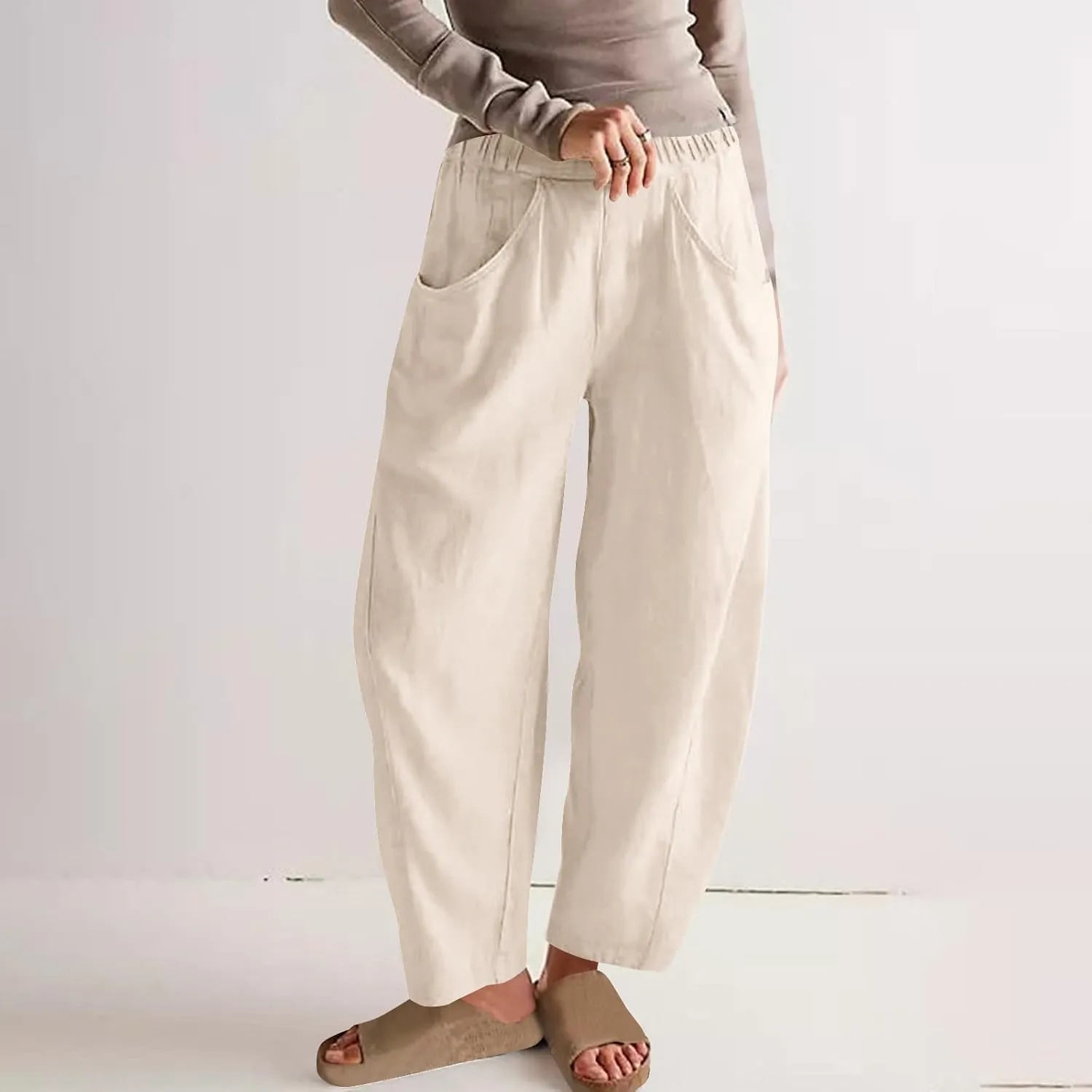 Lmdudan 2025 Summer Linen Capri Pants for Women Elastic Waist Tapered Cropped Pants Lightweight Crop Trousers with Pockets