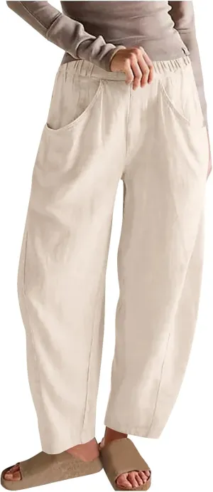 Lmdudan 2025 Summer Linen Capri Pants for Women Elastic Waist Tapered Cropped Pants Lightweight Crop Trousers with Pockets