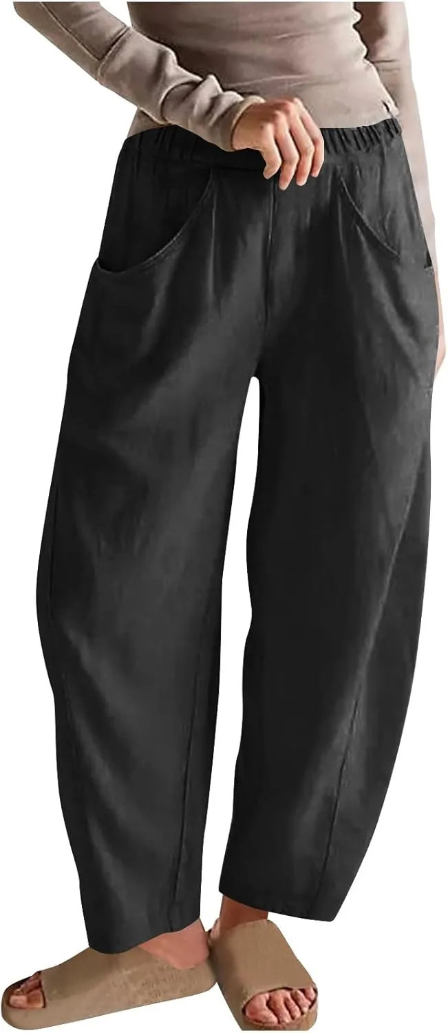 Lmdudan 2025 Summer Linen Capri Pants for Women Elastic Waist Tapered Cropped Pants Lightweight Crop Trousers with Pockets