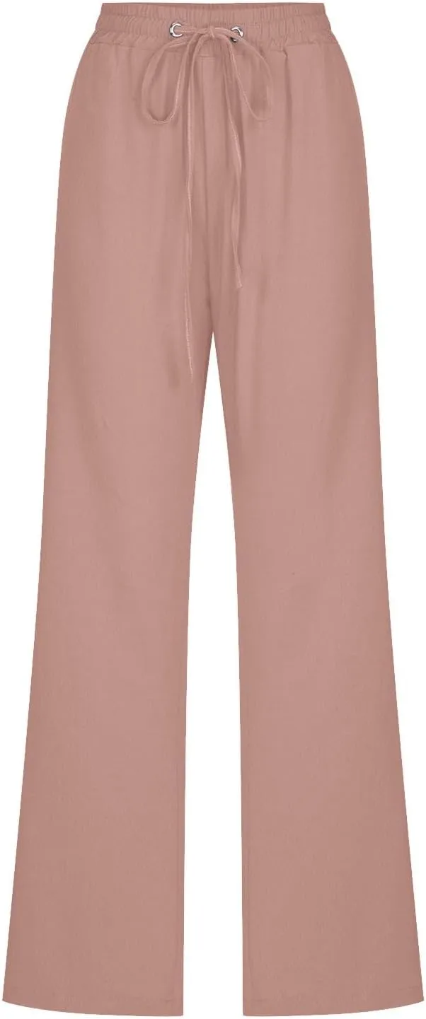 Lmdudan 2025 Summer Women Linen Palazzo Pants Boho Wide Leg High Waist Casual Pant Solid Color Work Trousers with Pockets