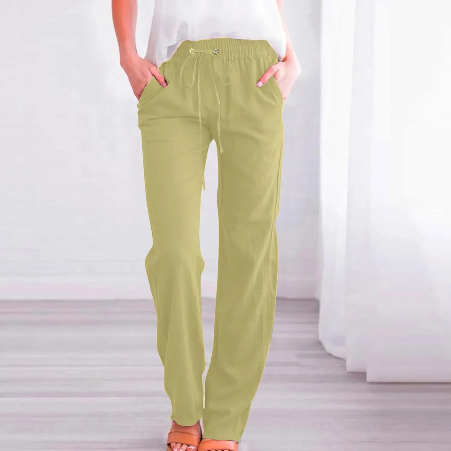 Lmdudan 2025 Summer Women Linen Palazzo Pants Boho Wide Leg High Waist Casual Pant Solid Color Work Trousers with Pockets