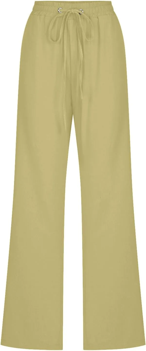 Lmdudan 2025 Summer Women Linen Palazzo Pants Boho Wide Leg High Waist Casual Pant Solid Color Work Trousers with Pockets