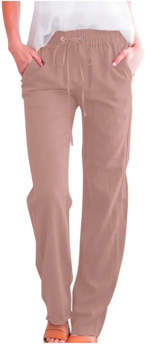 Lmdudan 2025 Summer Women Linen Palazzo Pants Boho Wide Leg High Waist Casual Pant Solid Color Work Trousers with Pockets
