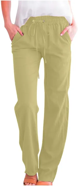 Lmdudan 2025 Summer Women Linen Palazzo Pants Boho Wide Leg High Waist Casual Pant Solid Color Work Trousers with Pockets