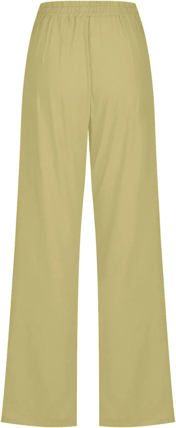 Lmdudan 2025 Summer Women Linen Palazzo Pants Boho Wide Leg High Waist Casual Pant Solid Color Work Trousers with Pockets