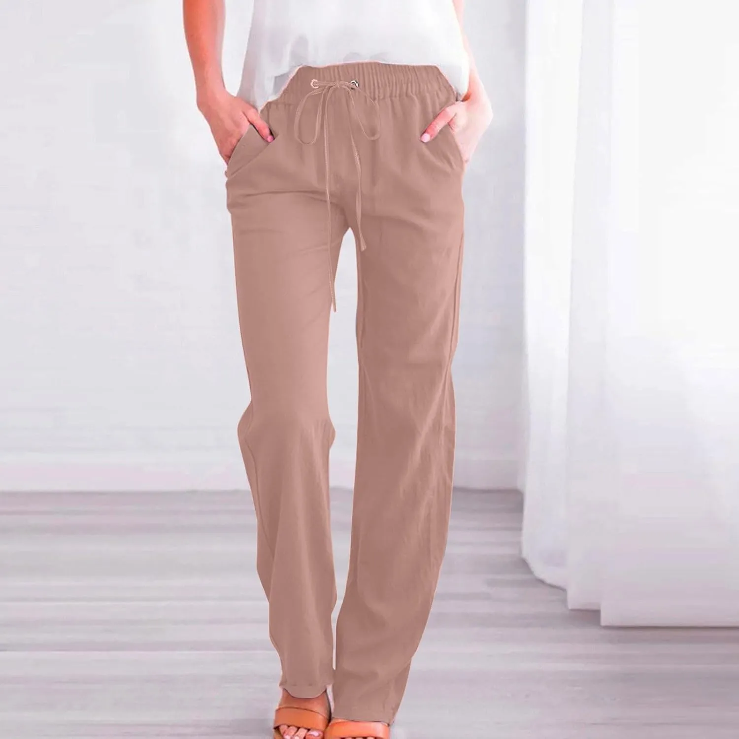 Lmdudan 2025 Summer Women Linen Palazzo Pants Boho Wide Leg High Waist Casual Pant Solid Color Work Trousers with Pockets