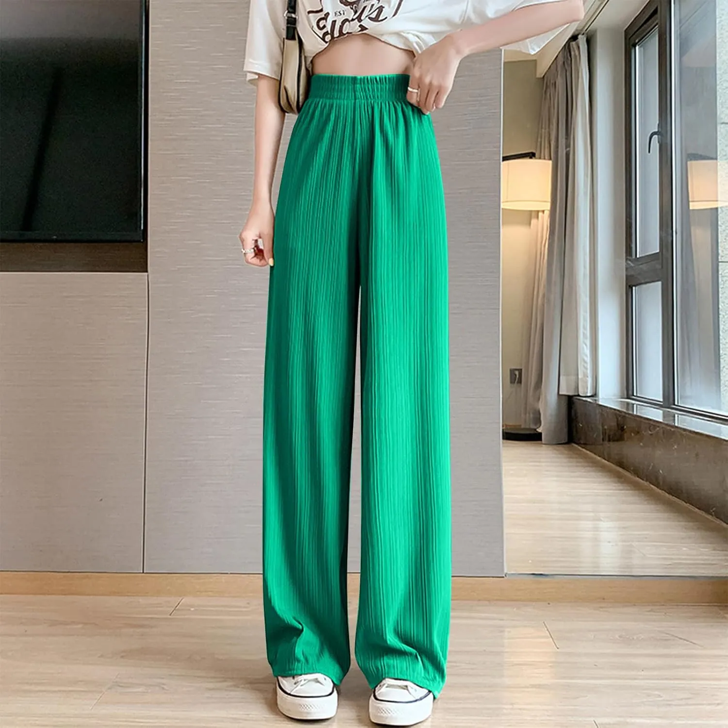 Lmdudan 2025 Women Linen Pants Summer Casual Boho Loose Wide Leg Palazzo Pants Smocked High Waist Flowy Beach Yoga Trousers