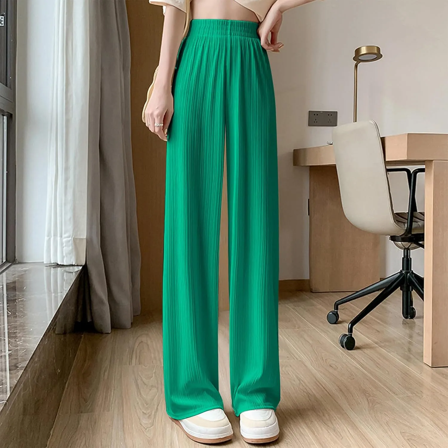 Lmdudan 2025 Women Linen Pants Summer Casual Boho Loose Wide Leg Palazzo Pants Smocked High Waist Flowy Beach Yoga Trousers