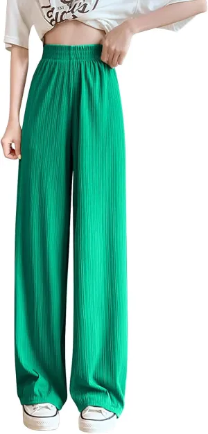 Lmdudan 2025 Women Linen Pants Summer Casual Boho Loose Wide Leg Palazzo Pants Smocked High Waist Flowy Beach Yoga Trousers