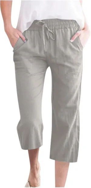 Lmdudan 2025 Women Linen Pants Summer Casual Capris Palazzo Pant Cropped Comfy Baggy Straight Wide Leg Trousers with Pockets