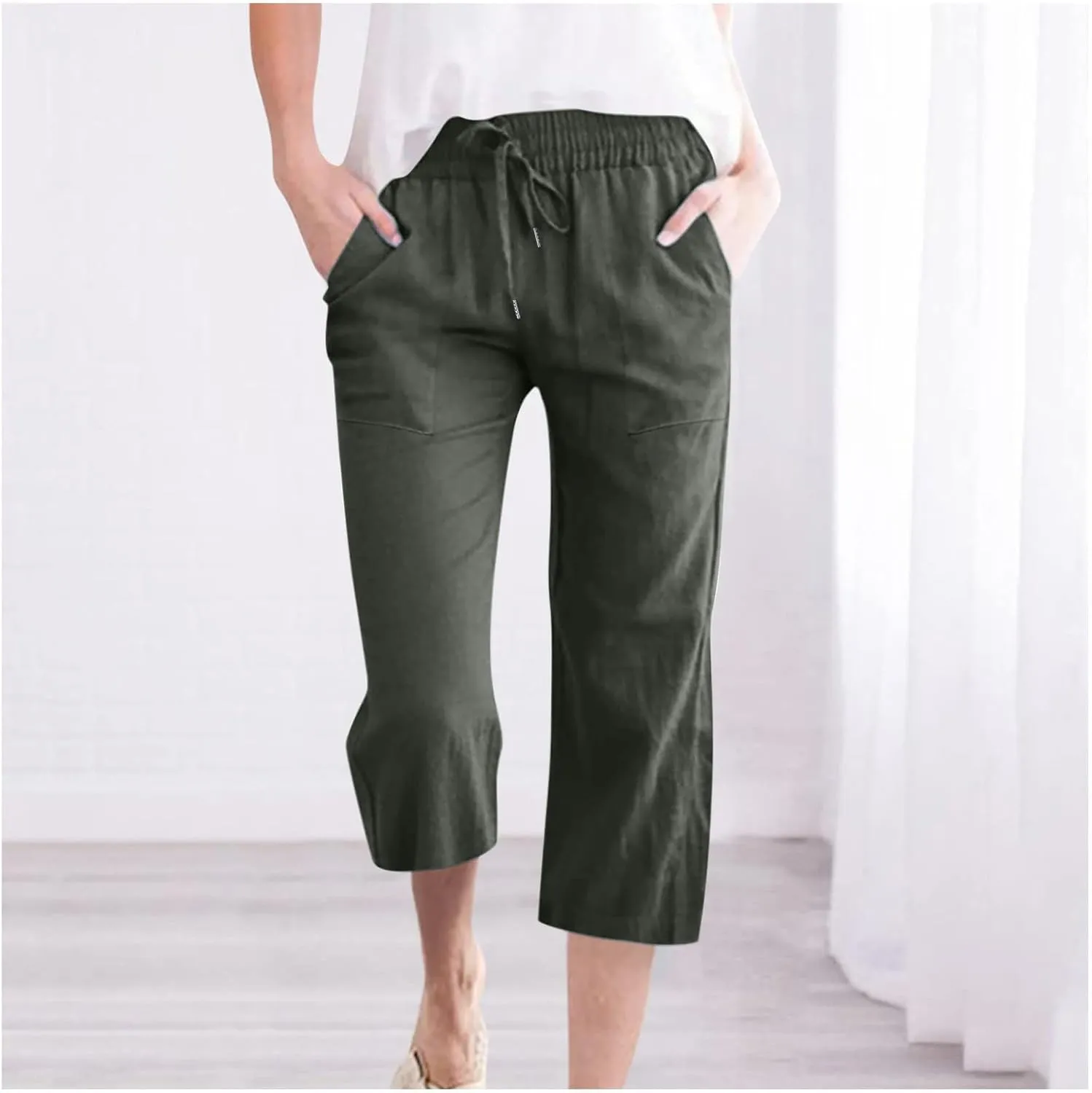 Lmdudan 2025 Women Linen Pants Summer Casual Capris Palazzo Pant Cropped Comfy Baggy Straight Wide Leg Trousers with Pockets