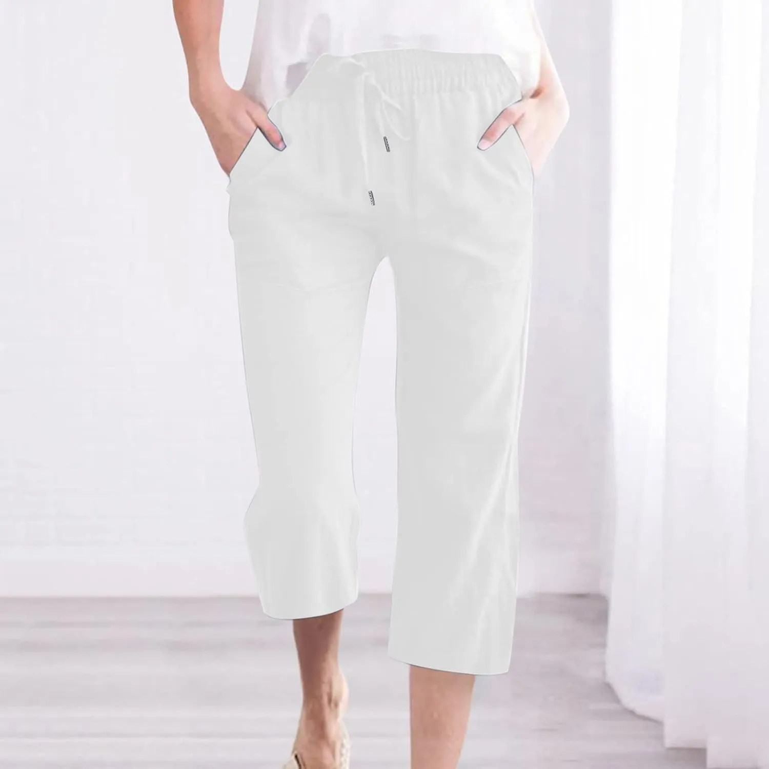 Lmdudan 2025 Women Linen Pants Summer Casual Capris Palazzo Pant Cropped Comfy Baggy Straight Wide Leg Trousers with Pockets