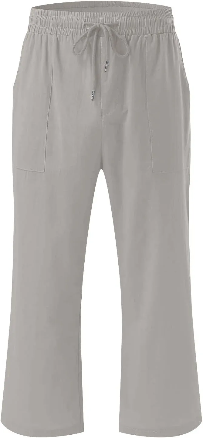 Lmdudan 2025 Women Linen Pants Summer Casual Capris Palazzo Pant Cropped Comfy Baggy Straight Wide Leg Trousers with Pockets