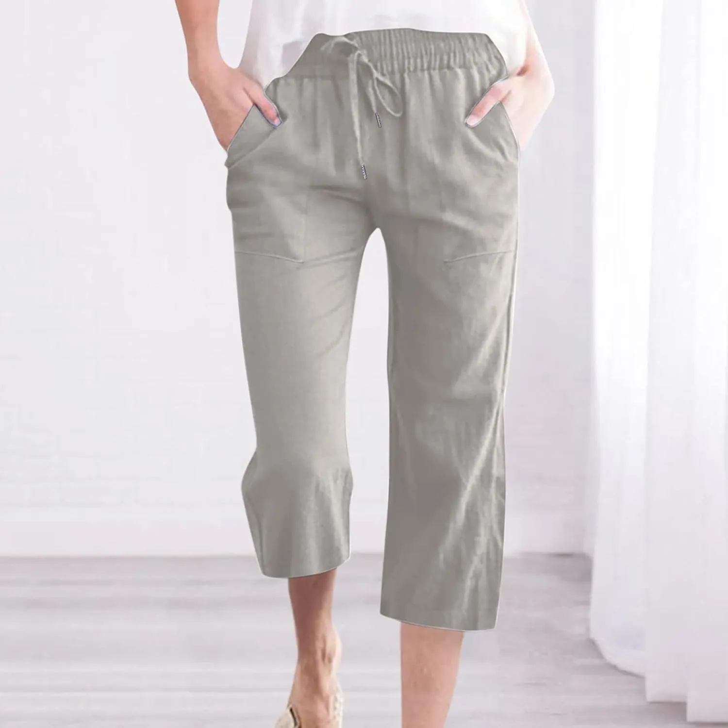 Lmdudan 2025 Women Linen Pants Summer Casual Capris Palazzo Pant Cropped Comfy Baggy Straight Wide Leg Trousers with Pockets