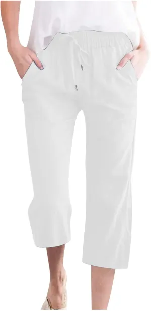 Lmdudan 2025 Women Linen Pants Summer Casual Capris Palazzo Pant Cropped Comfy Baggy Straight Wide Leg Trousers with Pockets