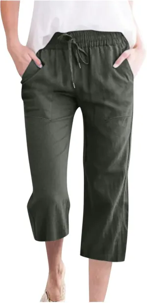 Lmdudan 2025 Women Linen Pants Summer Casual Capris Palazzo Pant Cropped Comfy Baggy Straight Wide Leg Trousers with Pockets