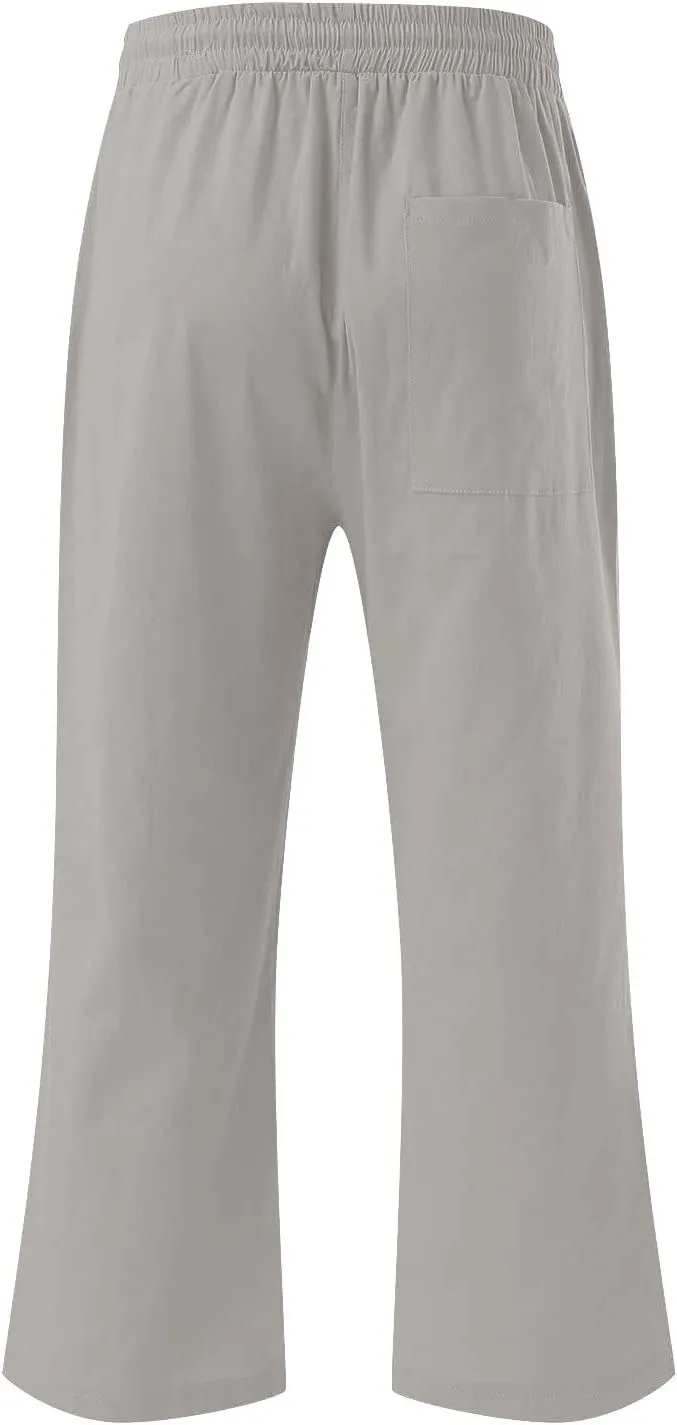 Lmdudan 2025 Women Linen Pants Summer Casual Capris Palazzo Pant Cropped Comfy Baggy Straight Wide Leg Trousers with Pockets
