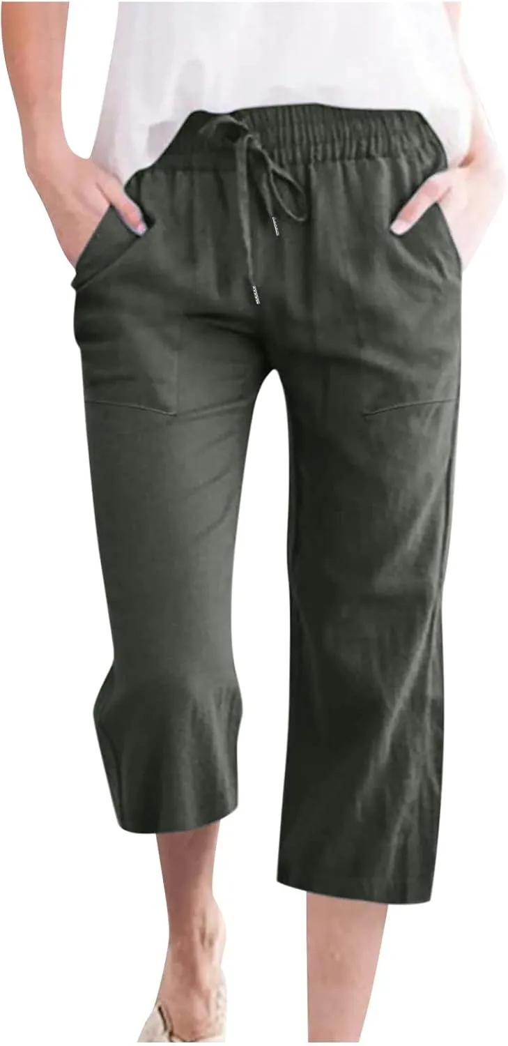 Lmdudan 2025 Women Linen Pants Summer Casual Capris Palazzo Pant Cropped Comfy Baggy Straight Wide Leg Trousers with Pockets