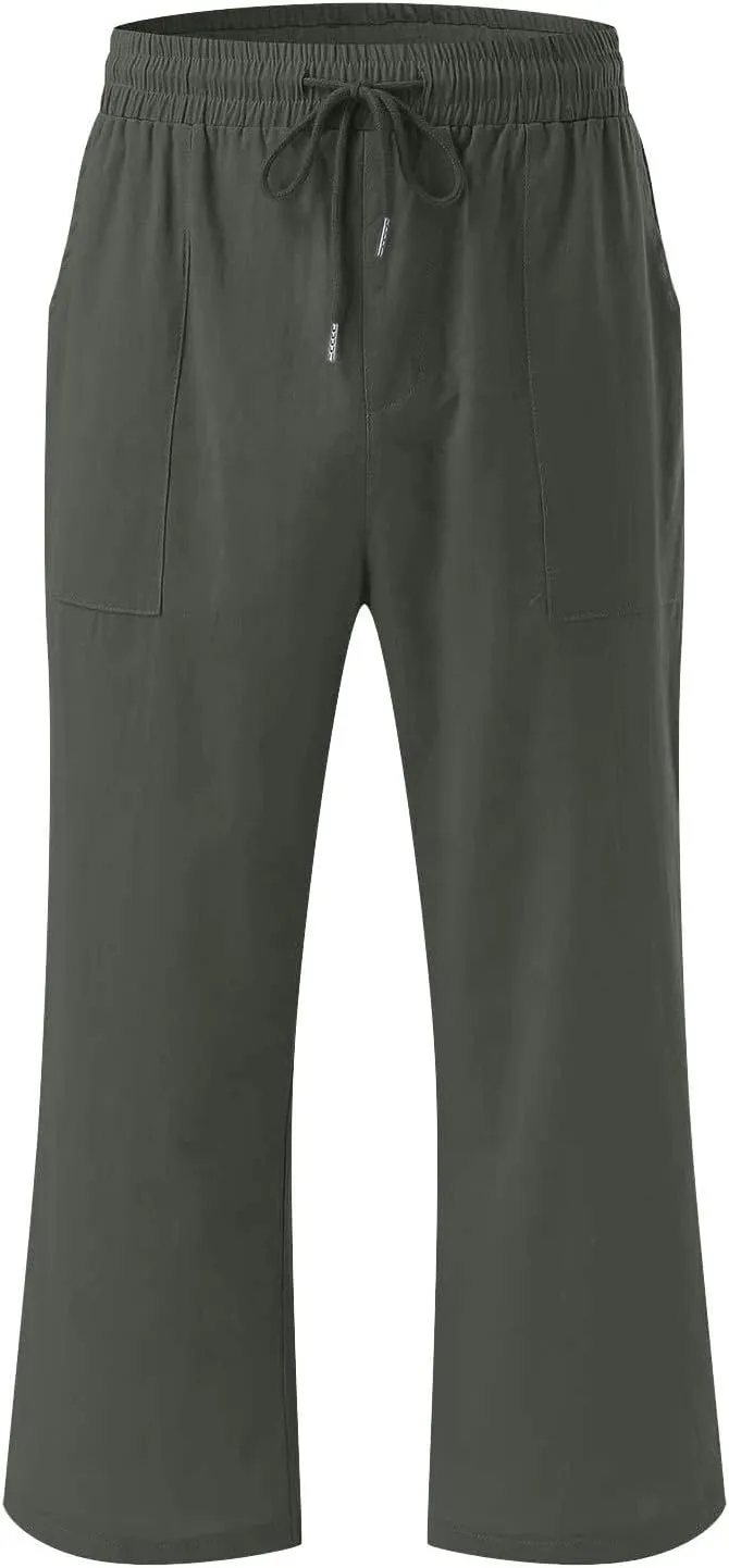 Lmdudan 2025 Women Linen Pants Summer Casual Capris Palazzo Pant Cropped Comfy Baggy Straight Wide Leg Trousers with Pockets