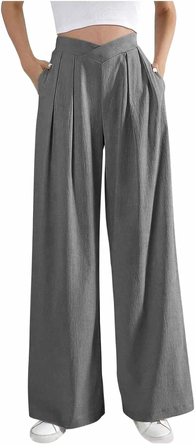 Lmdudan 2025 Womens Wide Leg Pants Crossover Waist Pleated Front Casual Work Pant Summer Lounge Trousers with Pockets