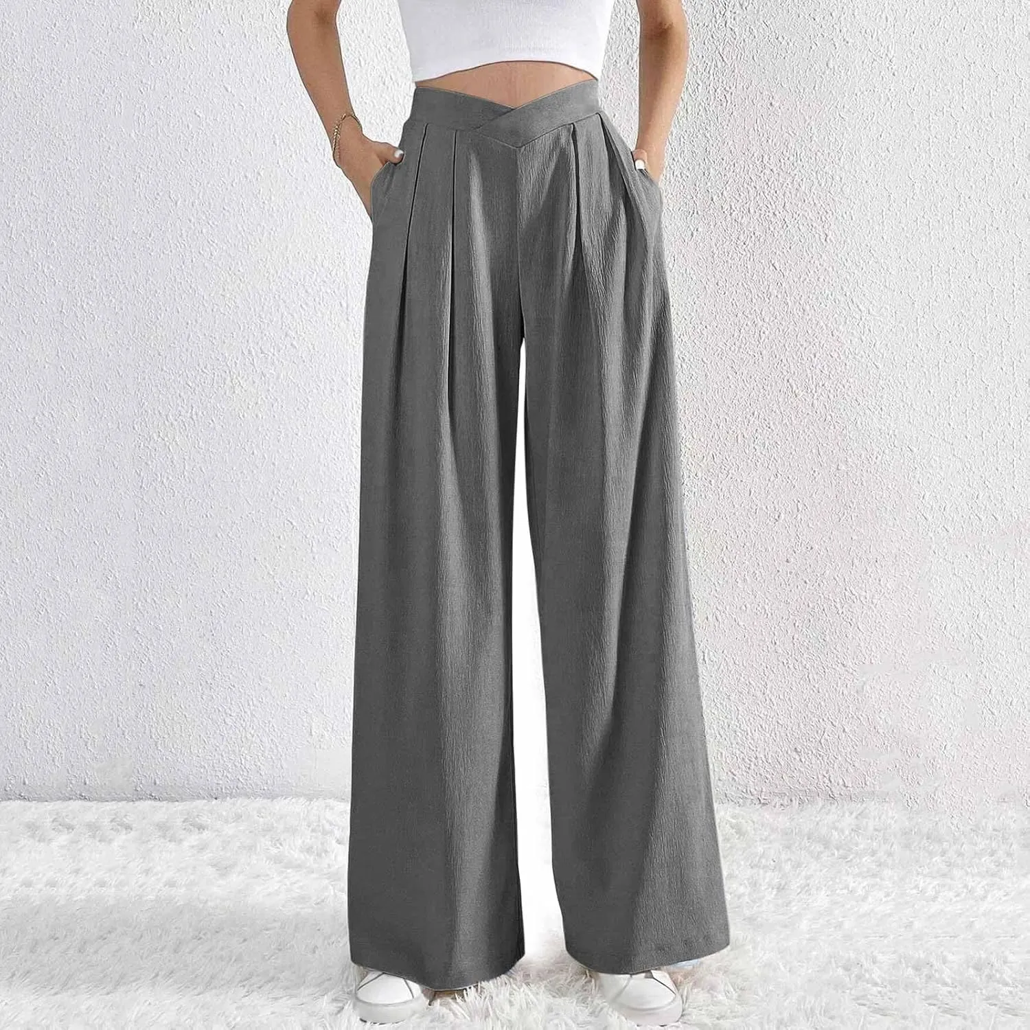 Lmdudan 2025 Womens Wide Leg Pants Crossover Waist Pleated Front Casual Work Pant Summer Lounge Trousers with Pockets